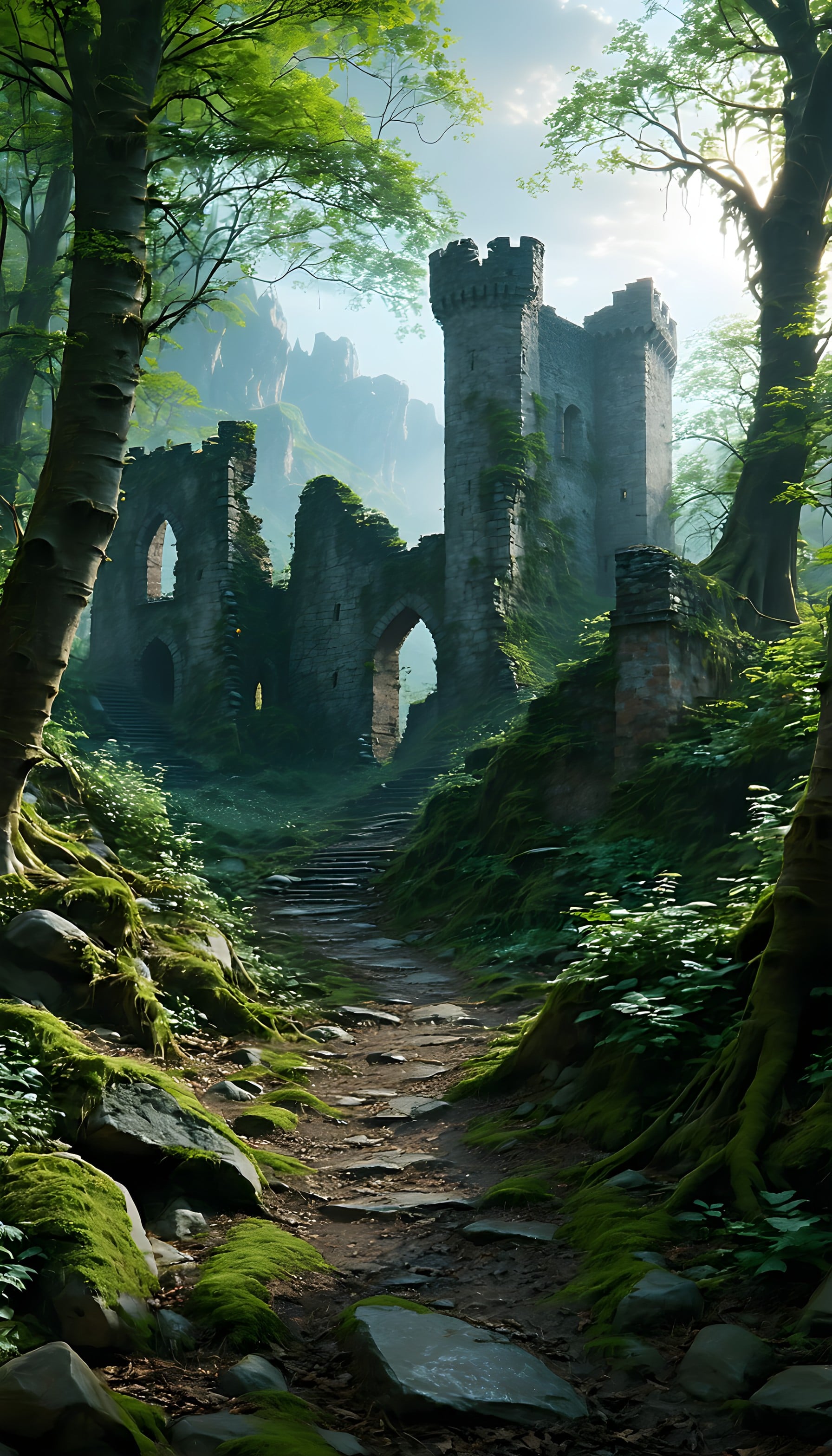Enchanted Forest Path to Ancient Castle Ruins, castle ruins, forest path, mystical forest, ancient castle, fantasy art, green aesthetic