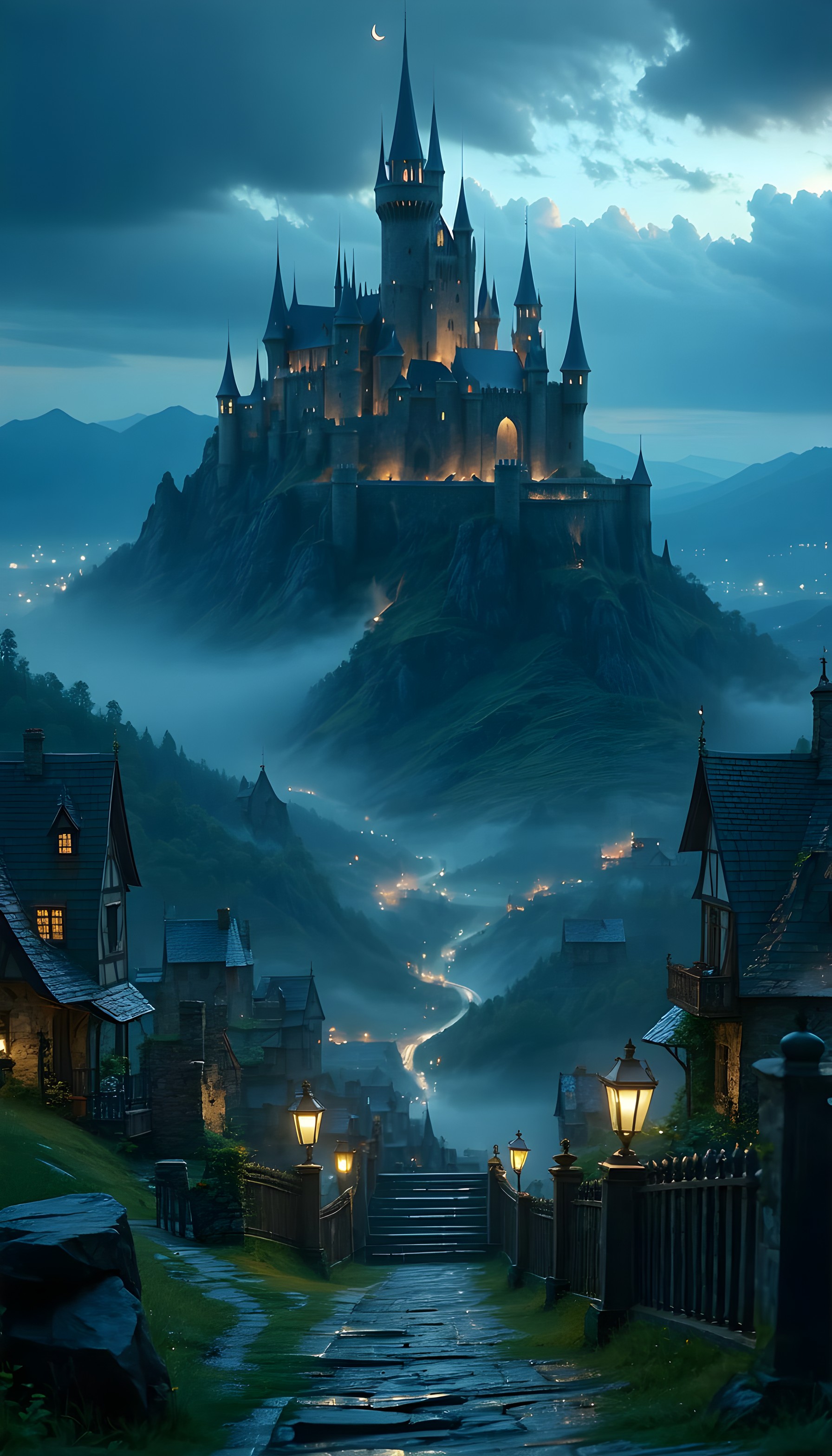 Magical Fantasy Castle & Misty Village Night, fantasy castle, magical village, night scene, misty landscape, glowing lights, dreamy aesthetic