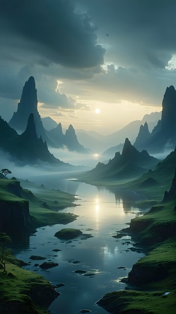 Ethereal Misty Mountain River Valley Sunrise