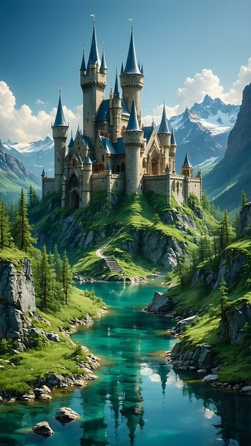 Majestic Fantasy Castle Emerald River Wallpaper