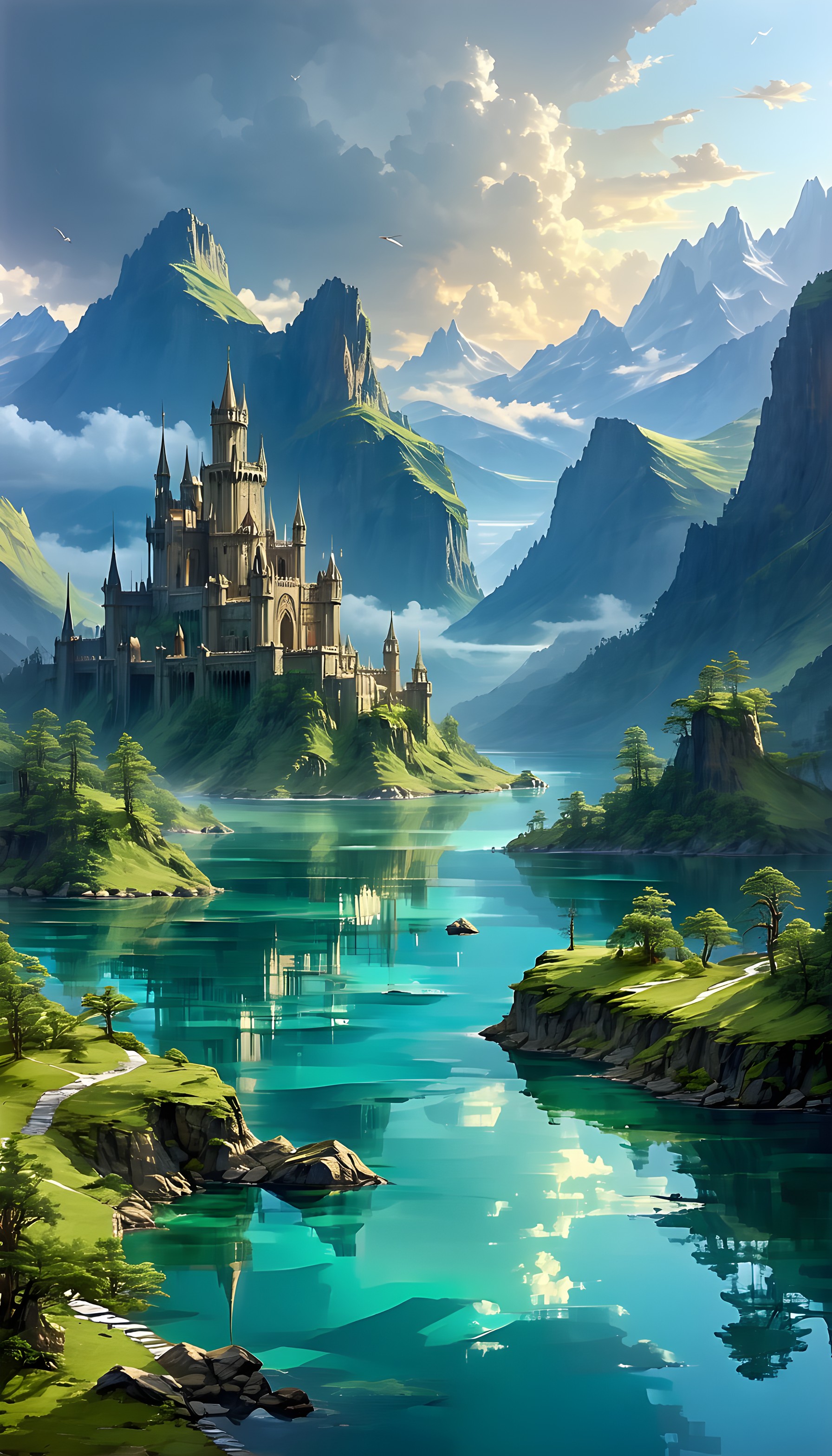 Fantasy Castle on Turquoise Lake: Magical Mountainscape, fantasy castle, mountain lake, turquoise water, lush green, enchanted landscape, fairytale art
