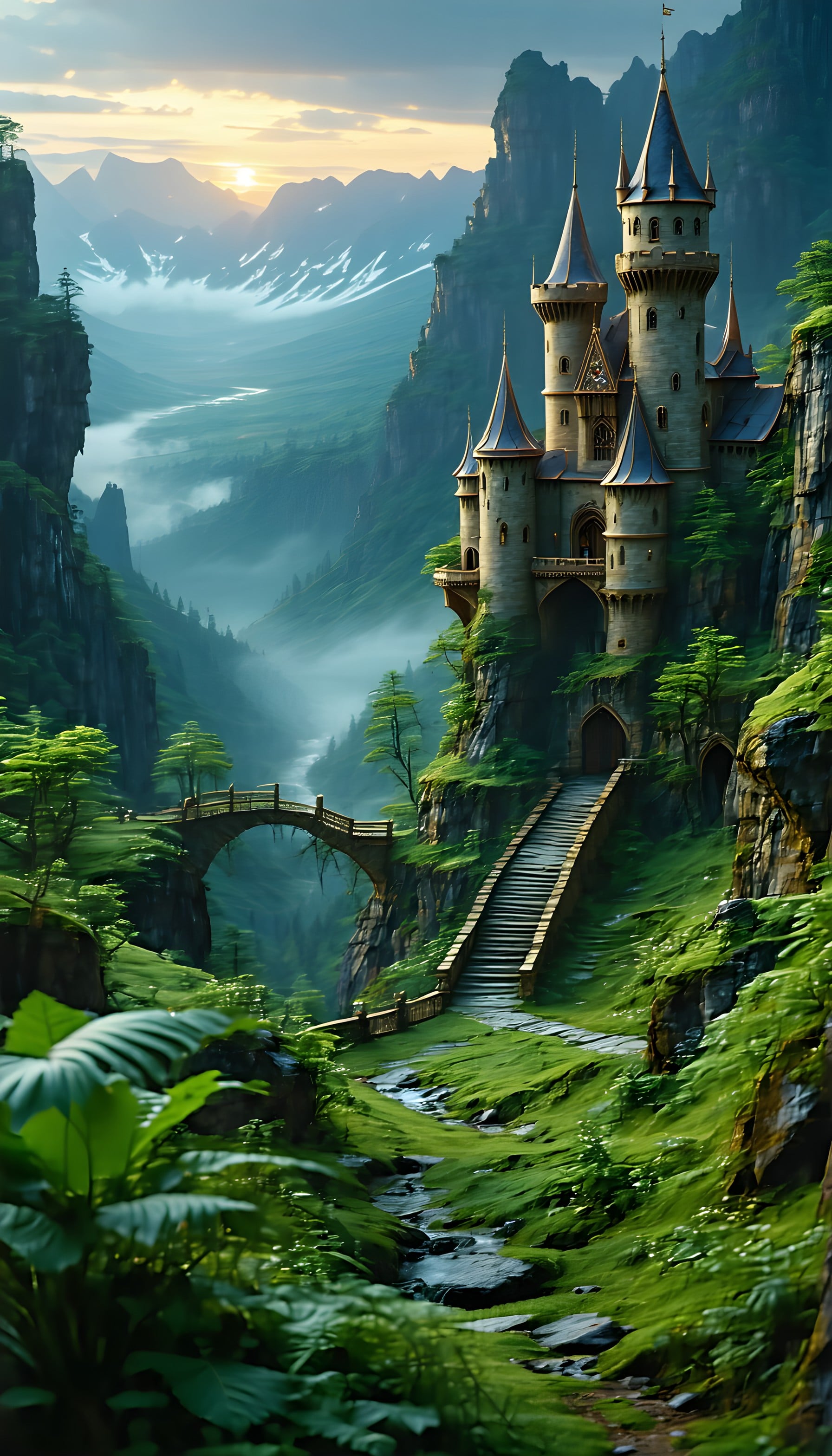 Mystical Castle in Misty Mountain Valley Sunrise, fantasy castle, mountain valley, misty landscape, sunrise, enchanted forest, digital art
