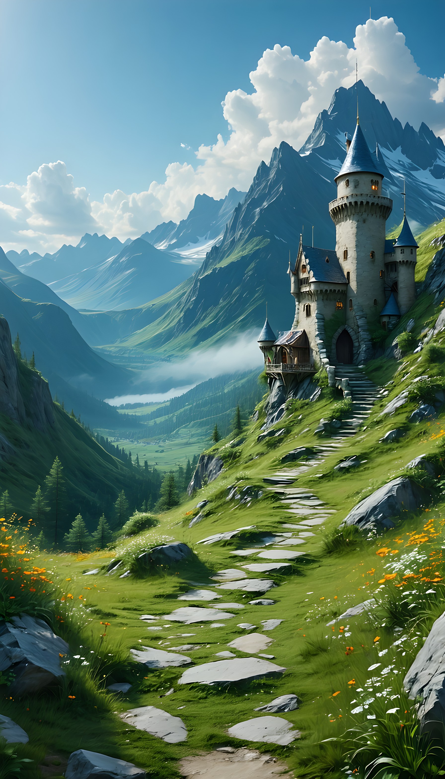 Fairytale Mountain Castle Valley Landscape Wallpaper, fantasy castle, mountain landscape, fairytale valley, enchanting nature, green blue aesthetic, majestic scene