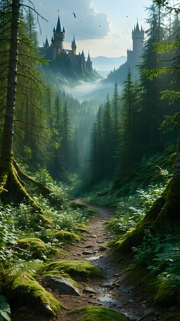 Enchanted Forest Path to Misty Fantasy Castle