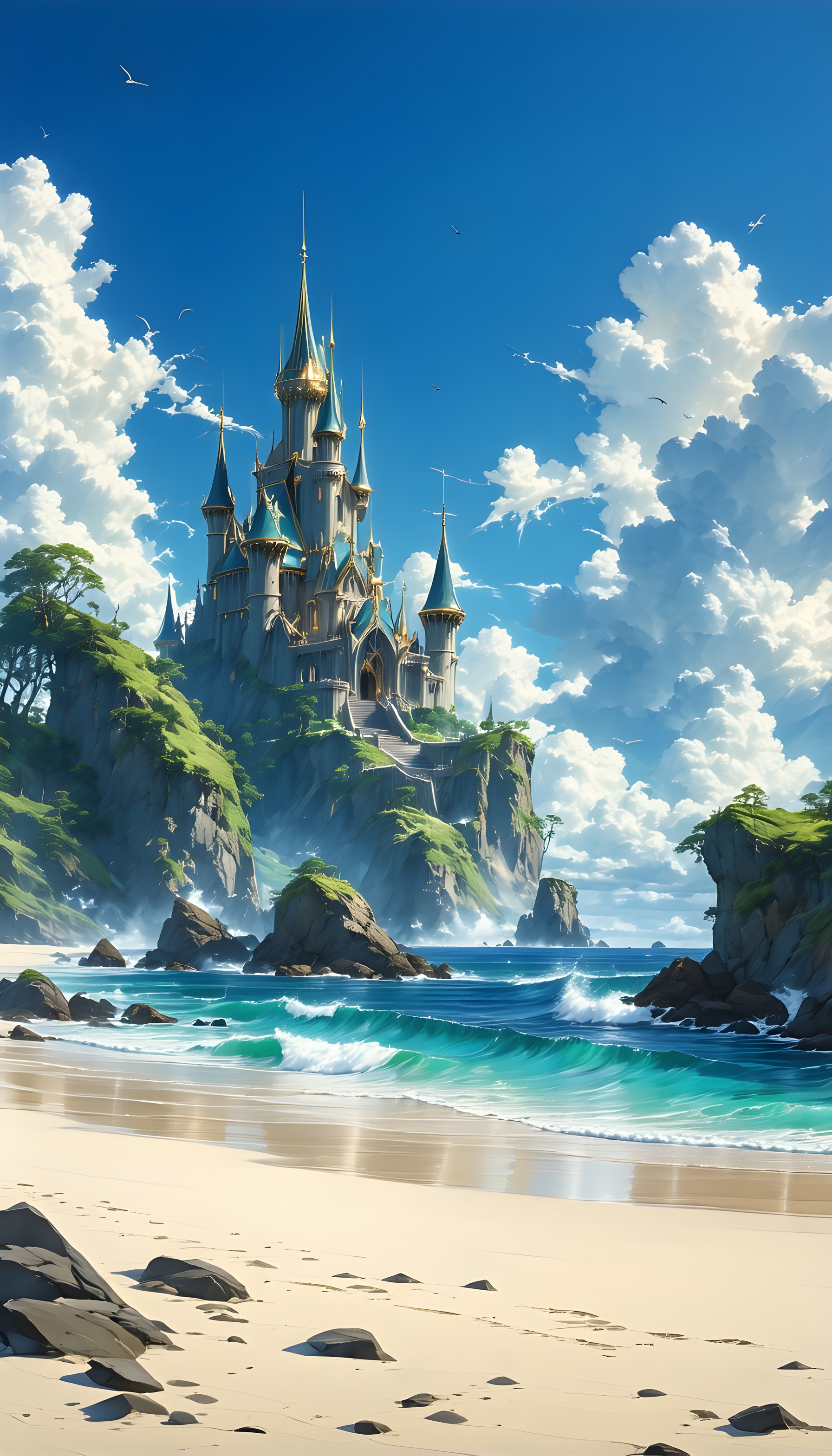 Fantasy Castle on Cliff Coast Beach Wallpaper, fantasy castle, magical kingdom, coastal landscape, ocean beach, digital art, fairytale