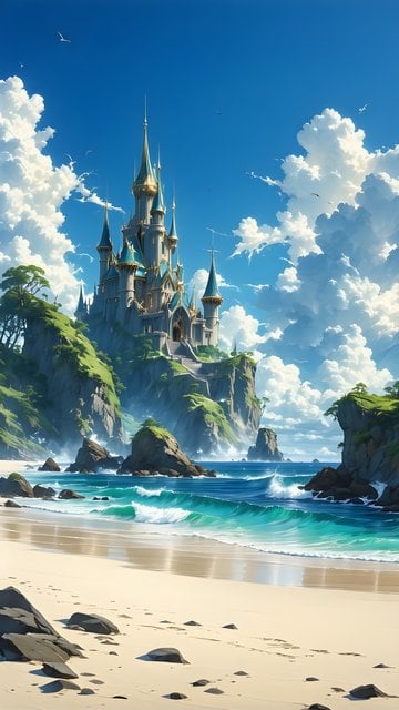 Fantasy Castle on Cliff Coast Beach Wallpaper