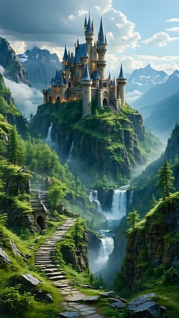 Enchanted Castle on Mountain Peak with Waterfalls