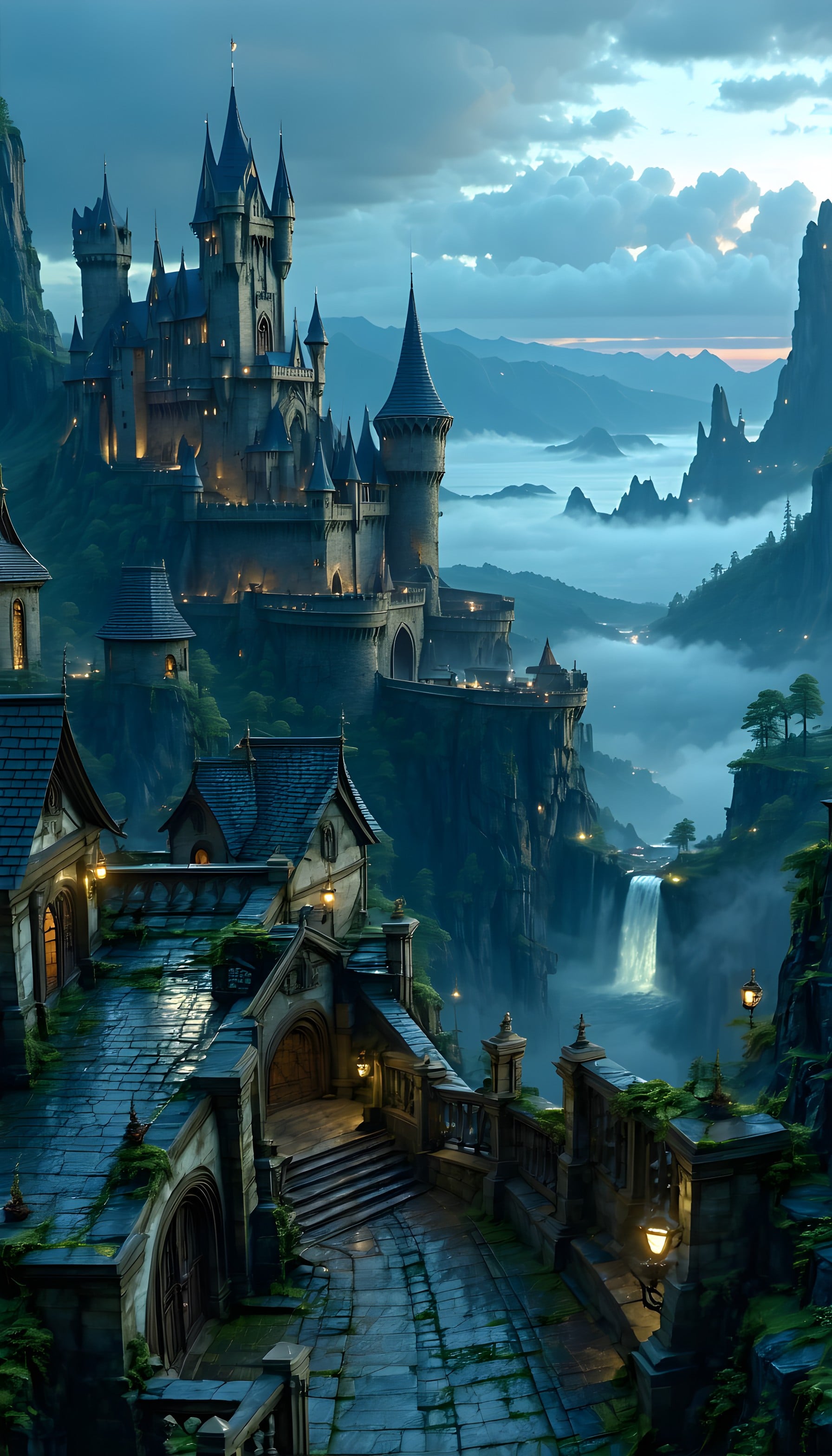 Enchanted Castle Over Misty Valley & Waterfall, fantasy, castle, mystical, waterfall, mountain mist, digital art
