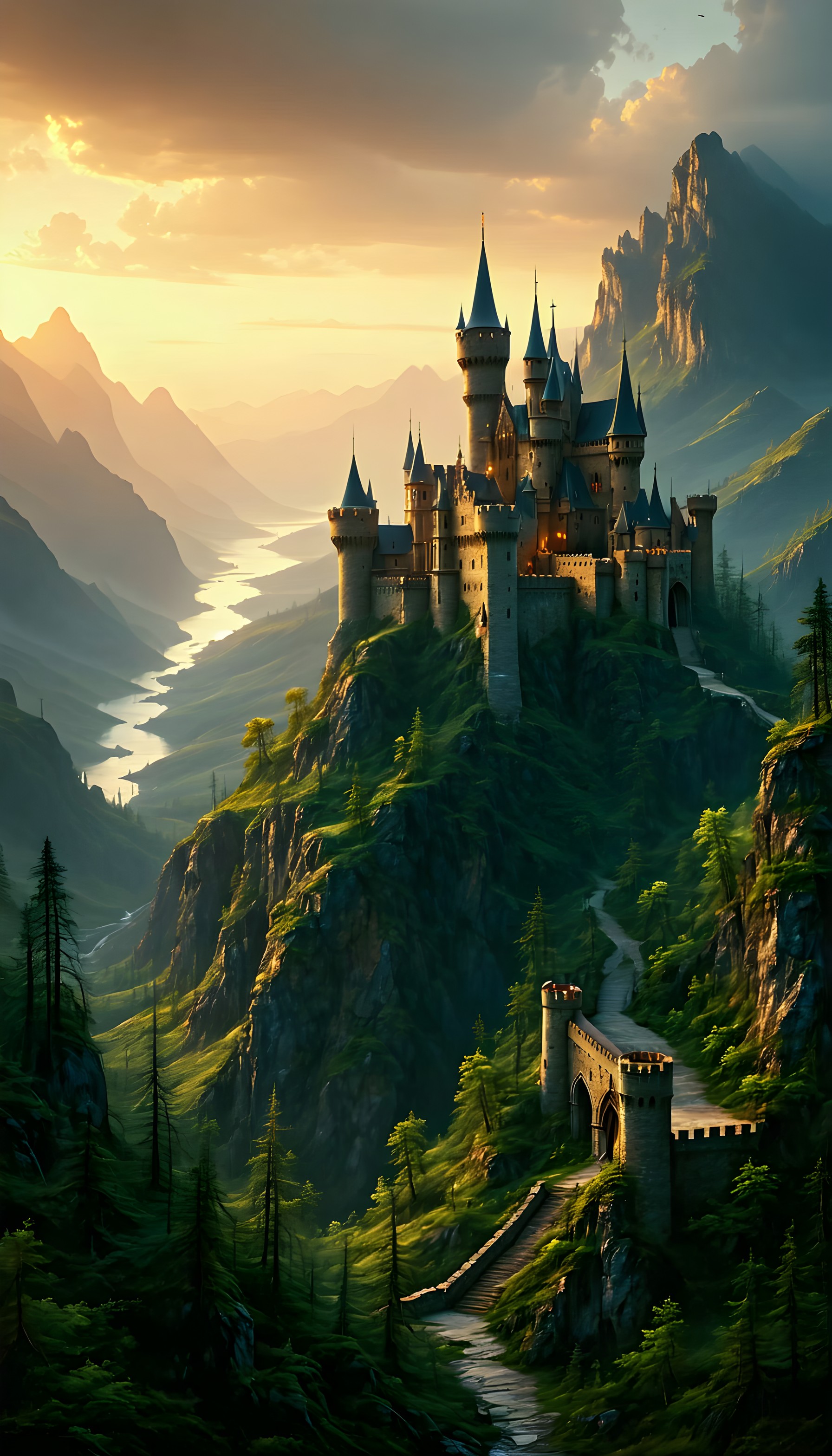 Majestic Fantasy Castle in Golden Mountain Valley, fantasy castle, mountain landscape, epic valley, golden hour, magical kingdom, medieval architecture