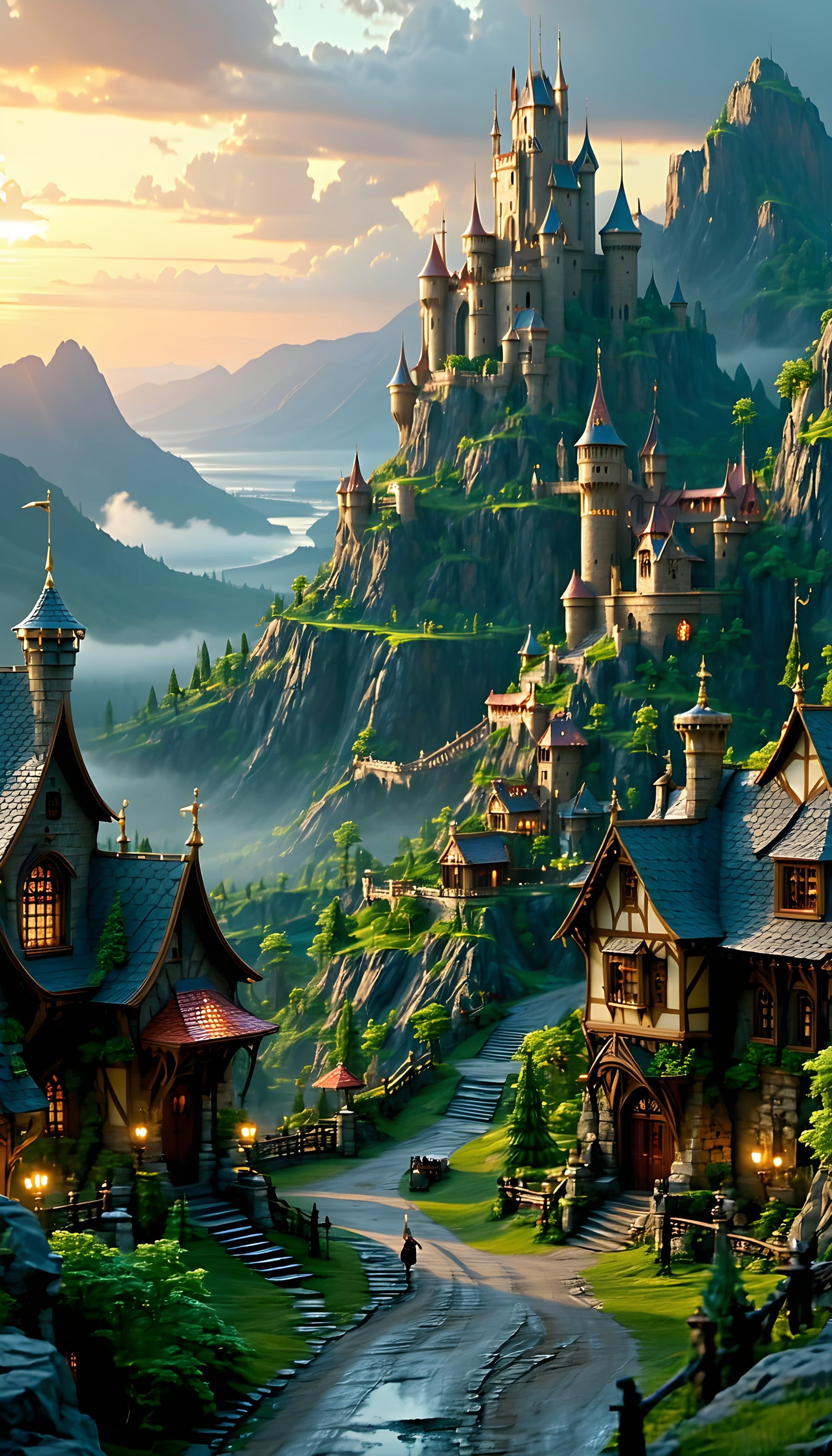 Magical Mountain Castle Village Sunset Fantasy Wallpaper, fantasy castle, medieval village, mountain landscape, golden hour, ethereal mist, fairytale