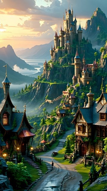 Magical Mountain Castle Village Sunset Fantasy Wallpaper