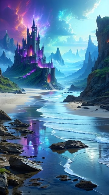 Enchanted Castle Beach Mystical Fantasy Wallpaper