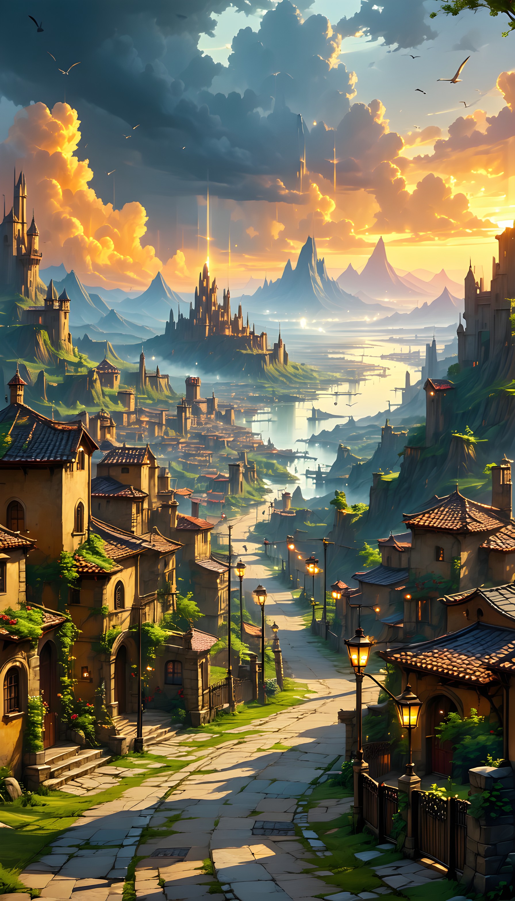 Enchanting Fantasy Village & Castles at Sunset, fantasy, cityscape, castle, village, river, sunset