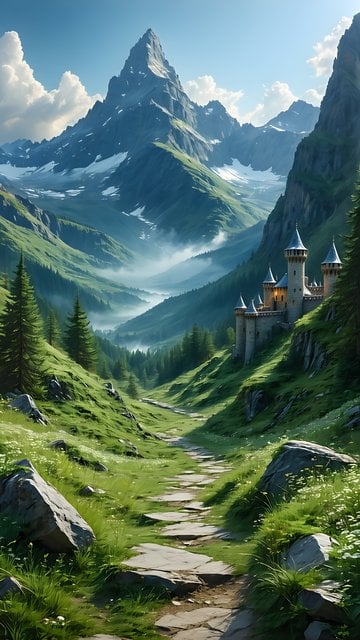 Mystical Mountain Castle Valley Path Wallpaper