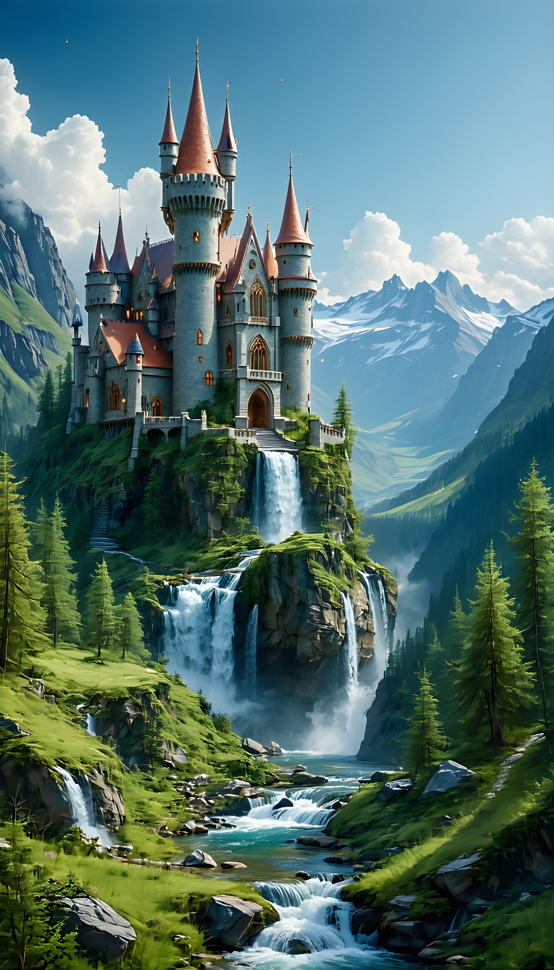 Enchanted Castle Valley Waterfall Wallpaper, fantasy castle, majestic waterfall, mountain valley, enchanted landscape, fairytale art, green