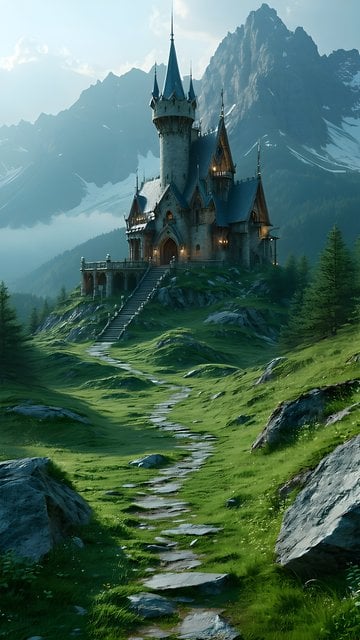 Enchanted Mountain Castle Path Wallpaper
