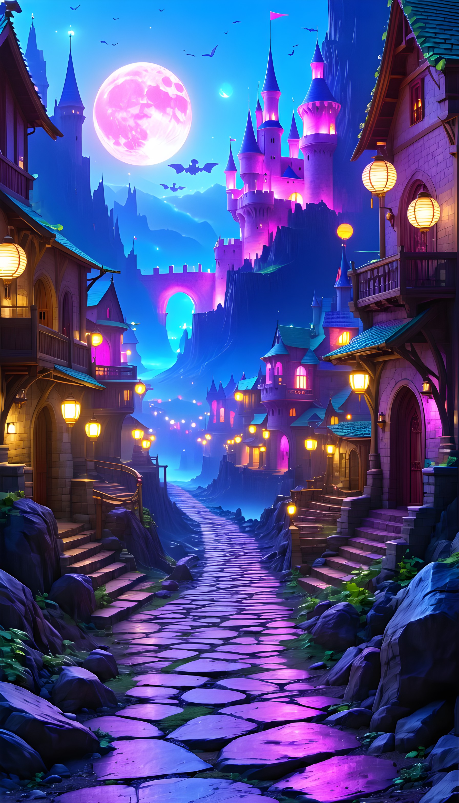 Enchanted Fantasy Village Night with Pink Moon Castle, fantasy, castle, pink moon, enchanted village, magical night, cobblestone path