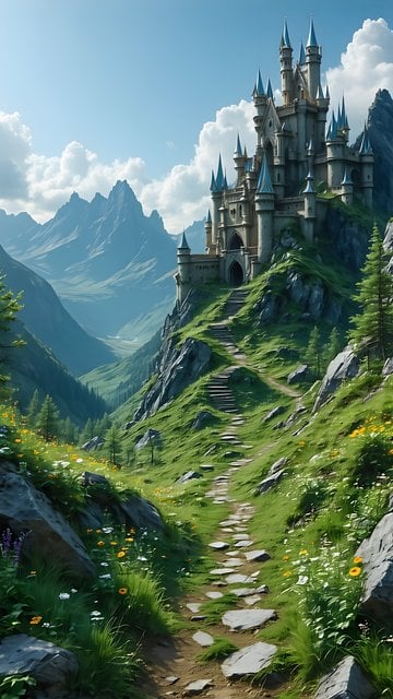 Majestic Fantasy Castle Path in Mountain Valley