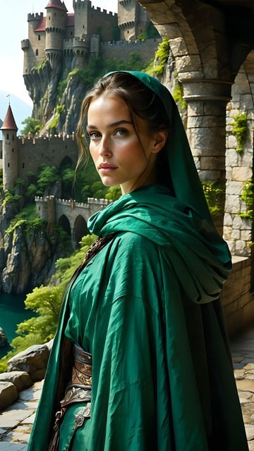 Fantasy Maiden Green Cloak Castle View Wallpaper