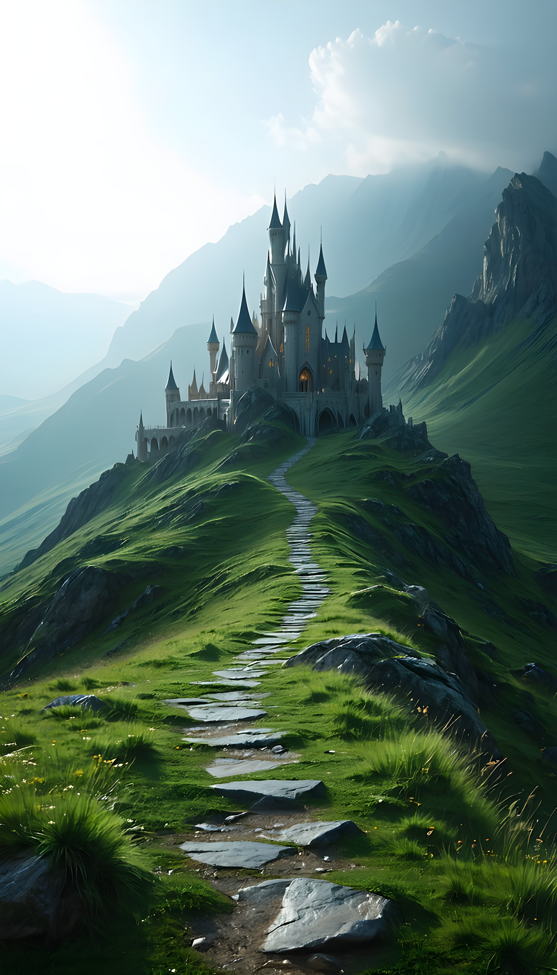 Fantasy Castle on Misty Mountain Hill Path Wallpaper, fantasy castle, enchanted landscape, green hills, misty mountains, stone path, magical wallpaper