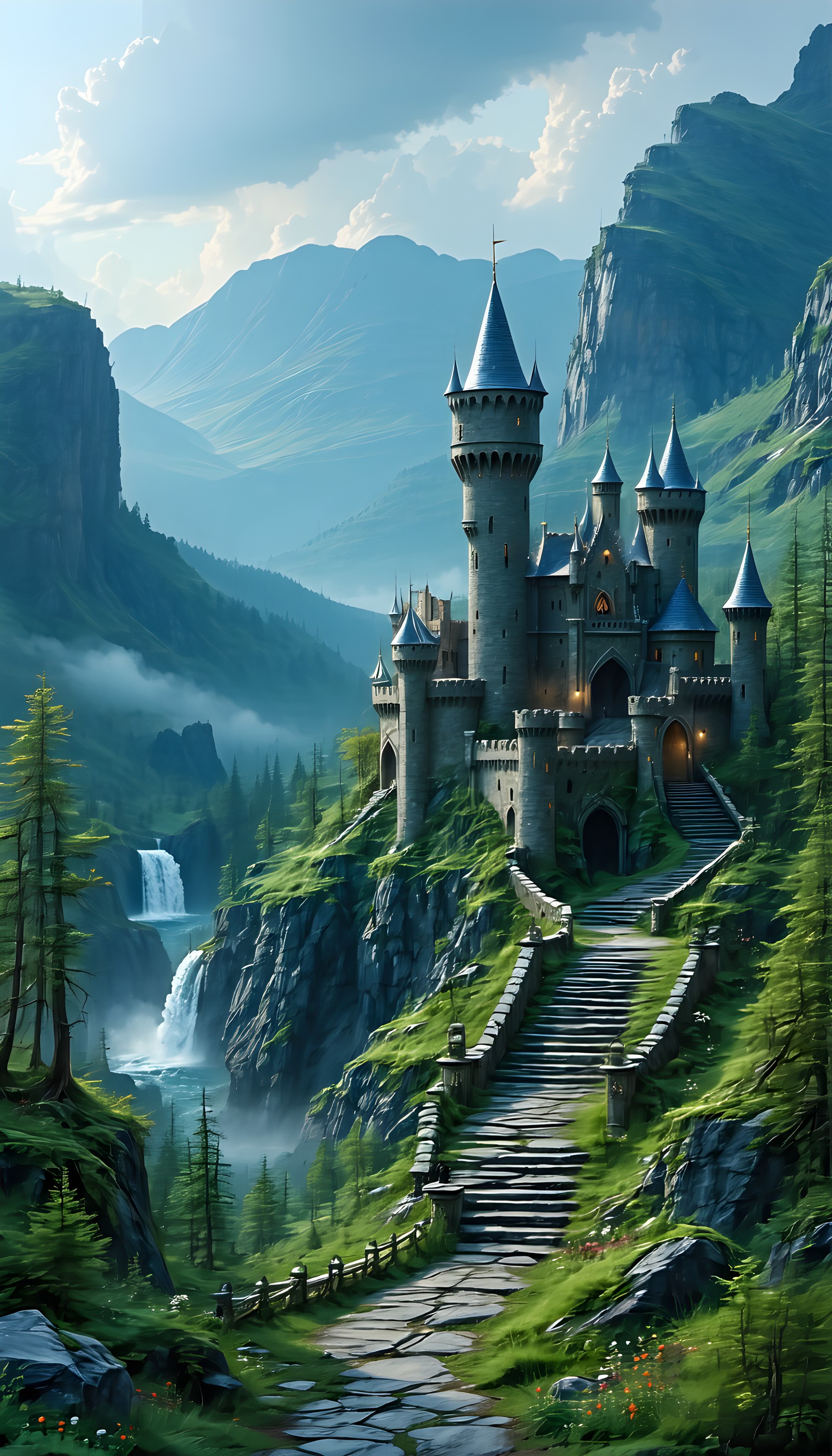 Enchanted Fantasy Castle, Mountain Waterfall Landscape, fantasy castle, enchanted landscape, mountain waterfall, fairytale, magical art, digital painting