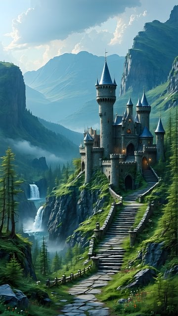 Enchanted Fantasy Castle, Mountain Waterfall Landscape