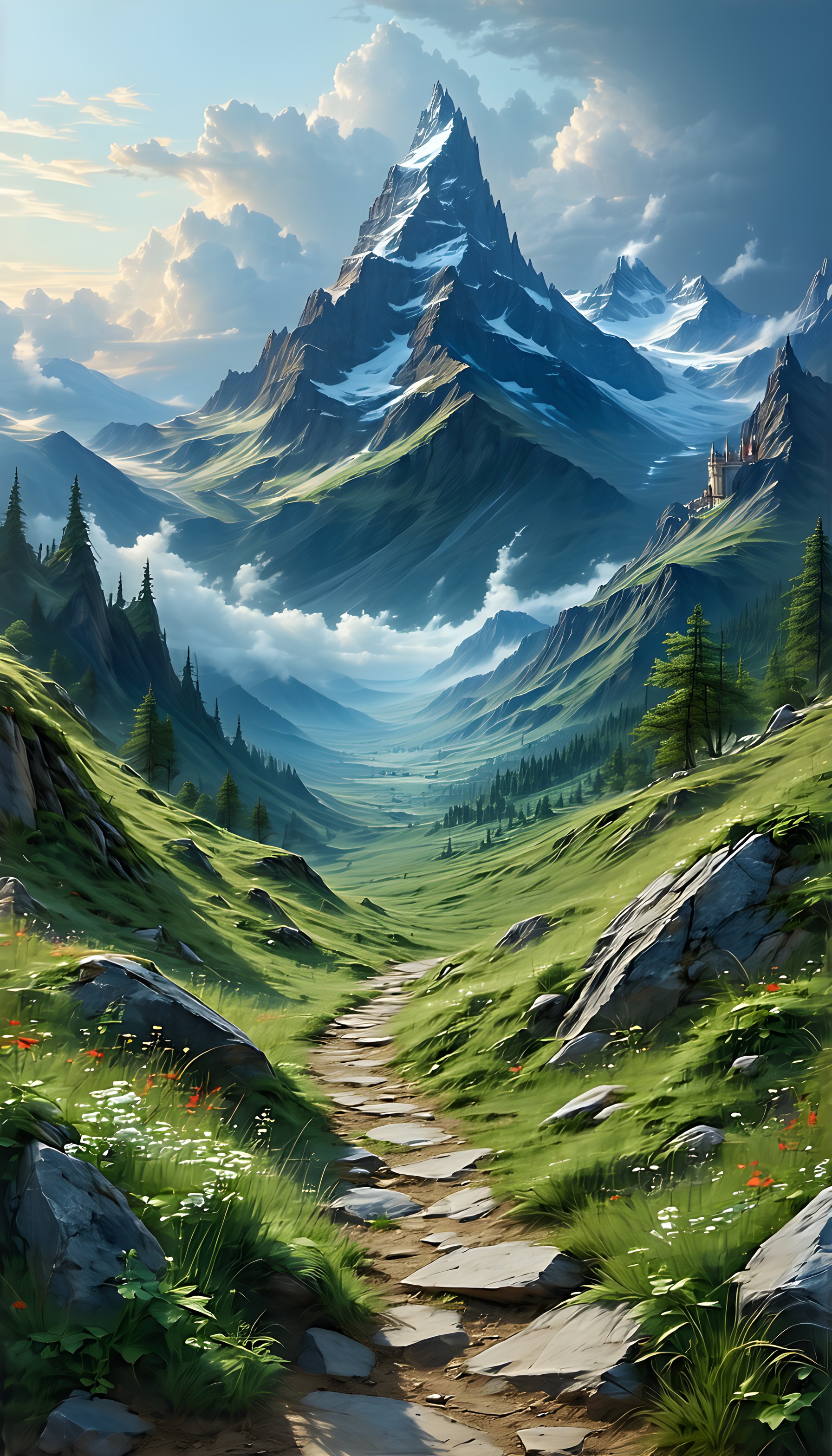 Majestic Mountain Valley Path Scenic Wallpaper, mountain, landscape, valley, path, green, snowy peaks
