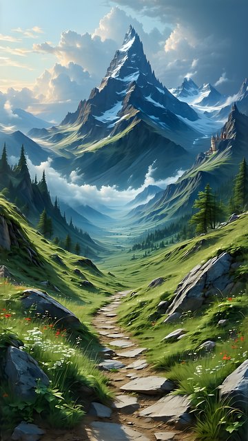 Majestic Mountain Valley Path Scenic Wallpaper