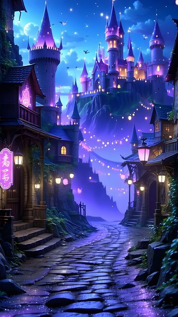 Enchanted Fantasy Castle Town at Night Wallpaper