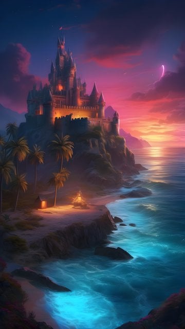 Fantasy Castle Shore at Sunset with Bioluminescent Ocean