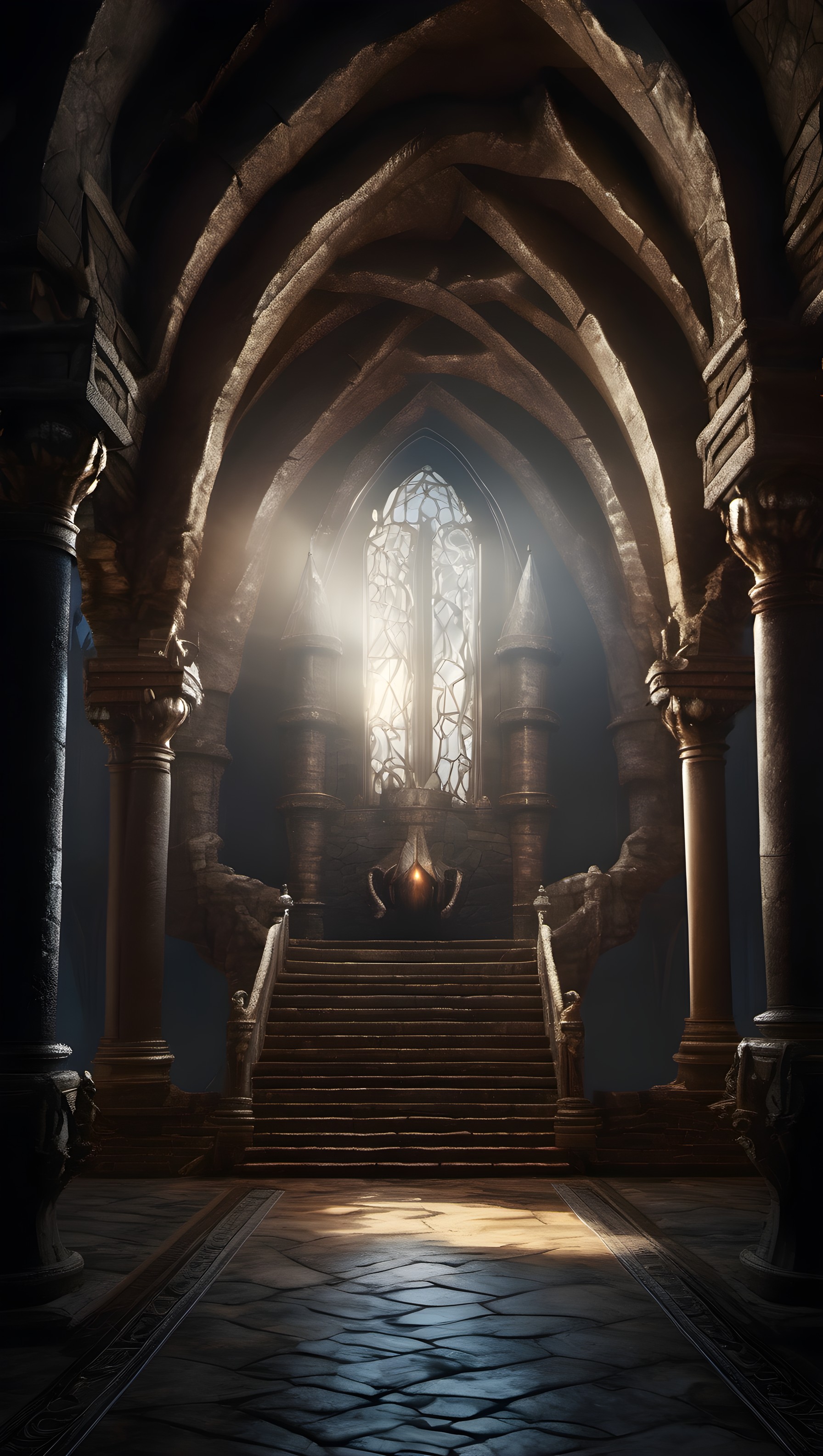 Grand Ancient Hall Light Rays Fantasy Wallpaper, ancient hall, fantasy art, gothic architecture, dramatic light, mysterious, cinematic