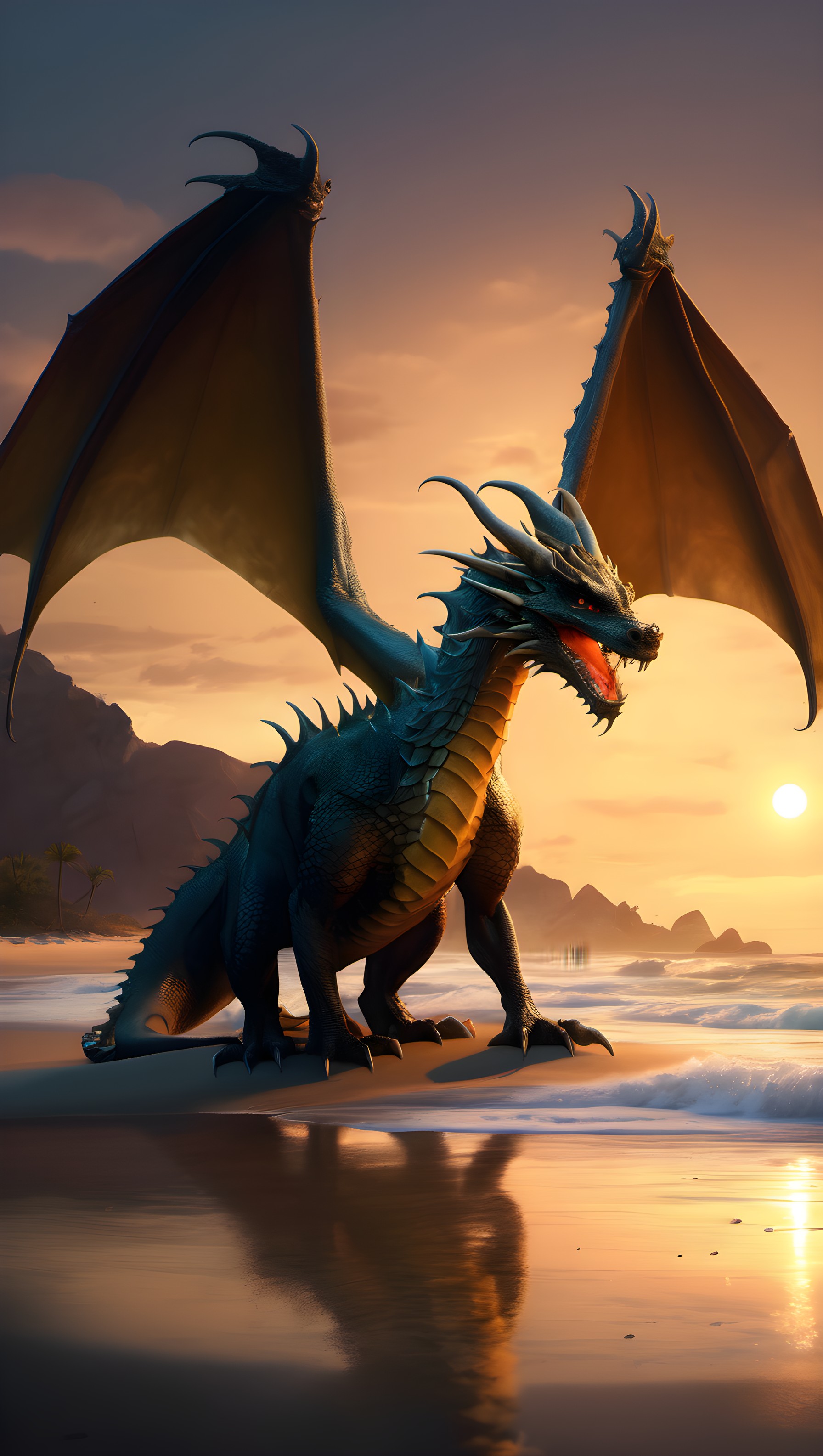 Majestic Dragon on Sunset Beach Fantasy Wallpaper, dragon, fantasy, mythical creature, sunset, beach, ocean