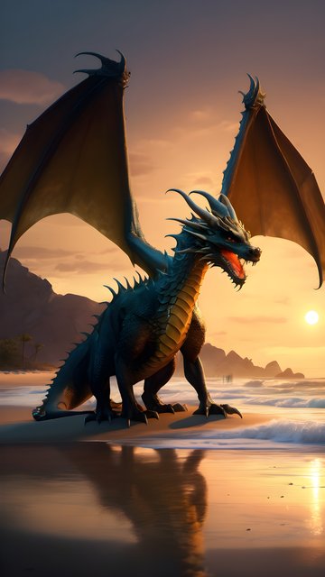 Majestic Dragon on Sunset Beach Fantasy Wallpaper