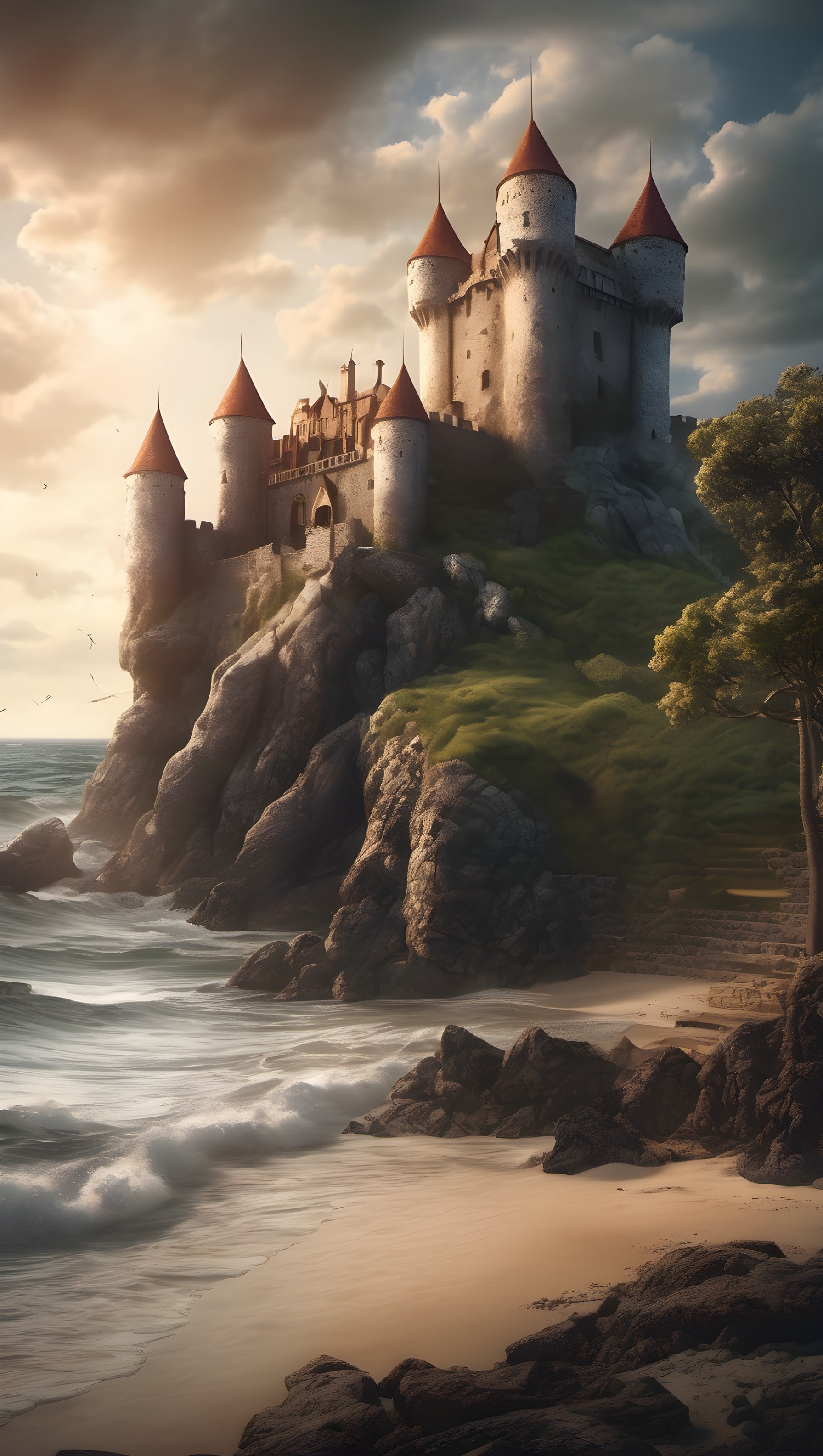 Majestic Castle on Coastal Cliff at Golden Hour, castle, coastal cliff, fantasy, medieval, golden hour, ocean waves