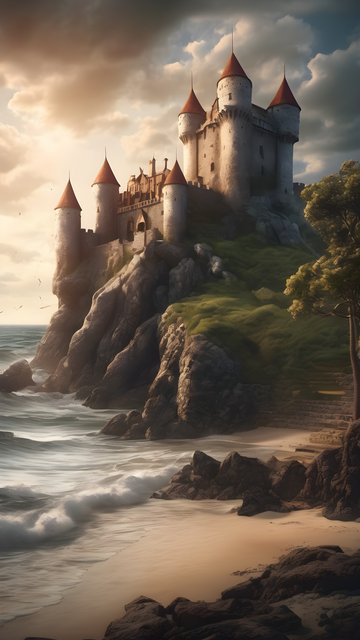 Majestic Castle on Coastal Cliff at Golden Hour