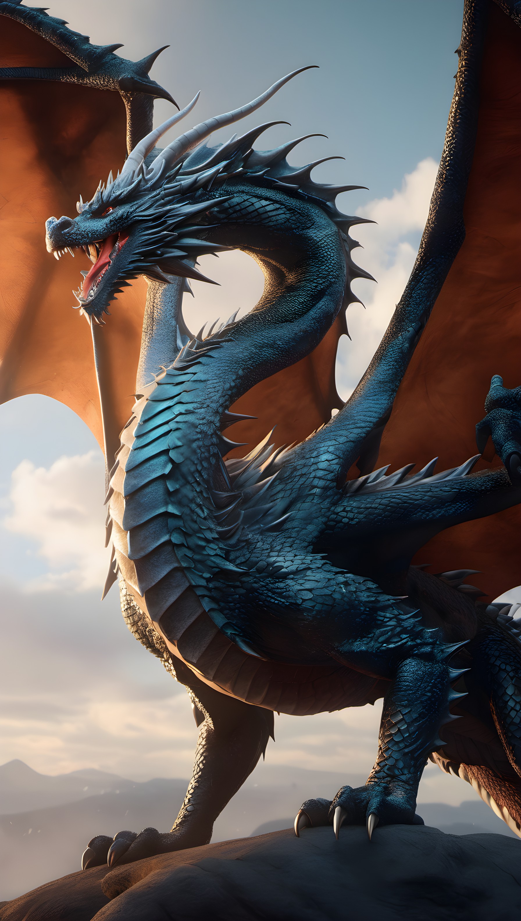 Majestic Blue Dragon Roaring at Sunset Wallpaper, dragon, fantasy, blue dragon, mythical creature, epic, cinematic art