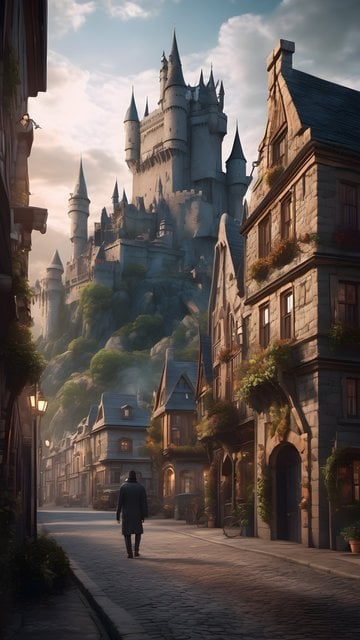 Enchanting Fantasy Castle Village Street Wallpaper