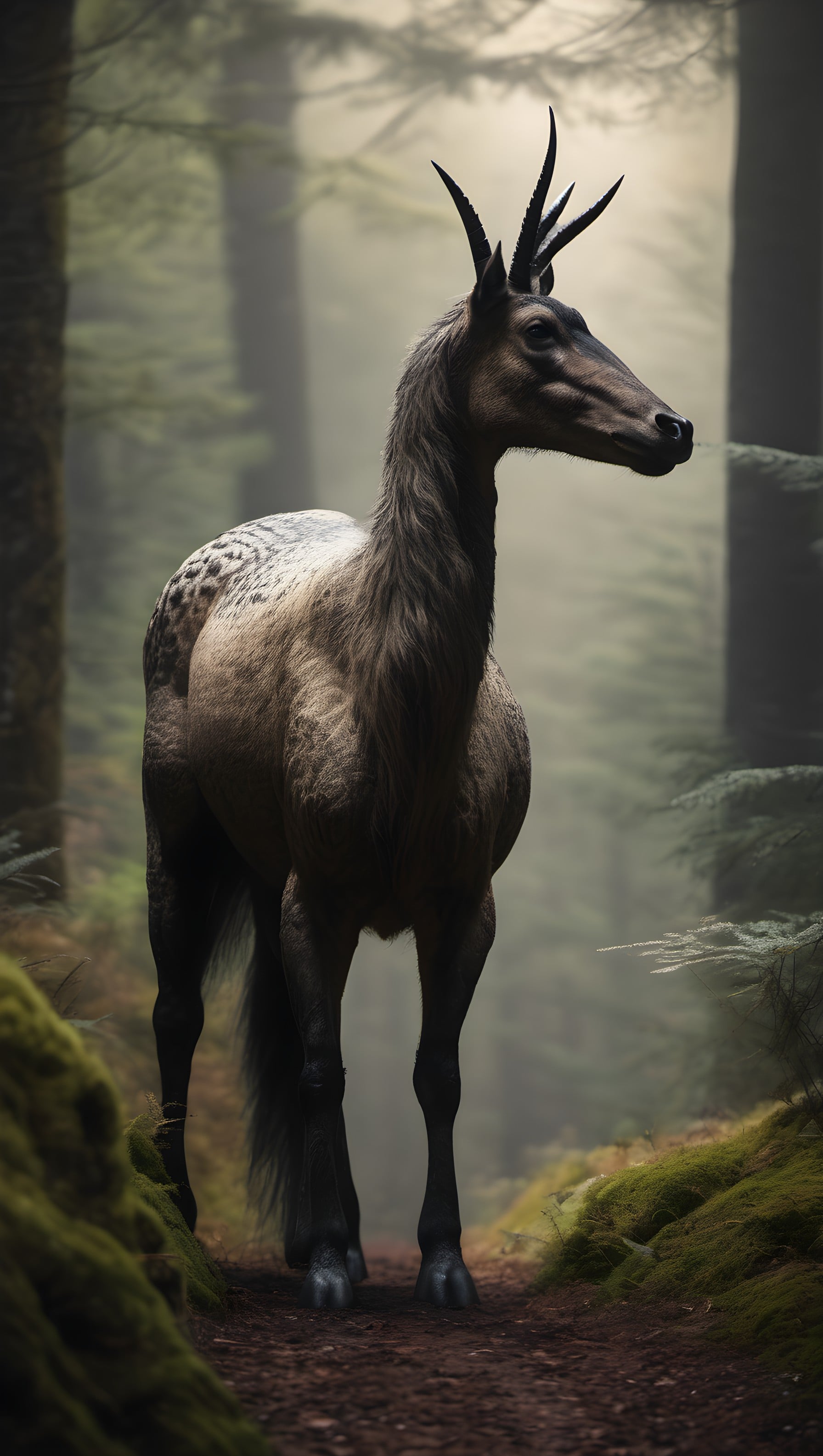 Mythical Forest Creature in Misty Woods, mythical creature, forest, misty, fantasy, nature, serene