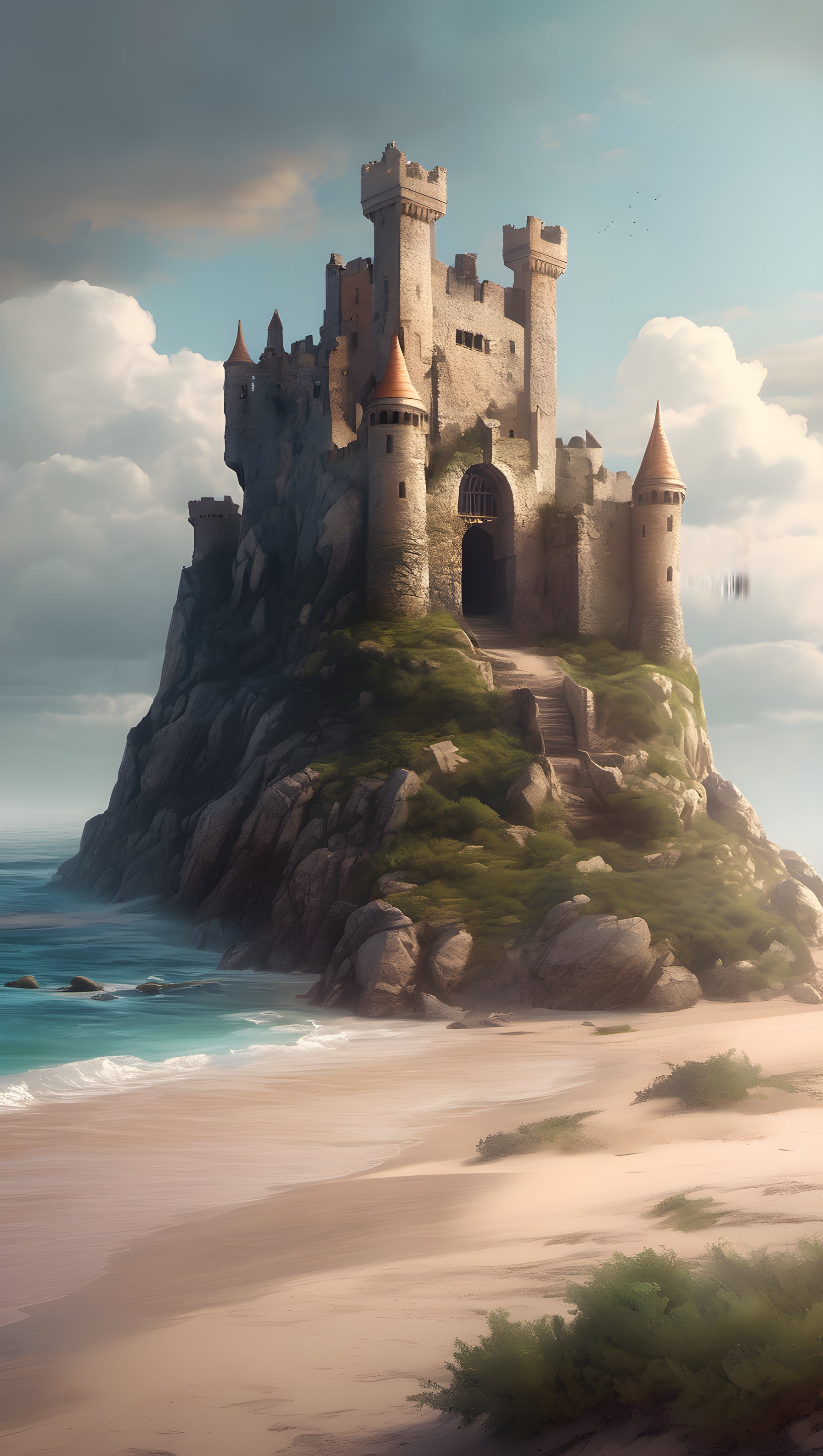 Enchanted Island Castle on Serene Beach Wallpaper, castle, island, beach, fantasy, medieval, mystical