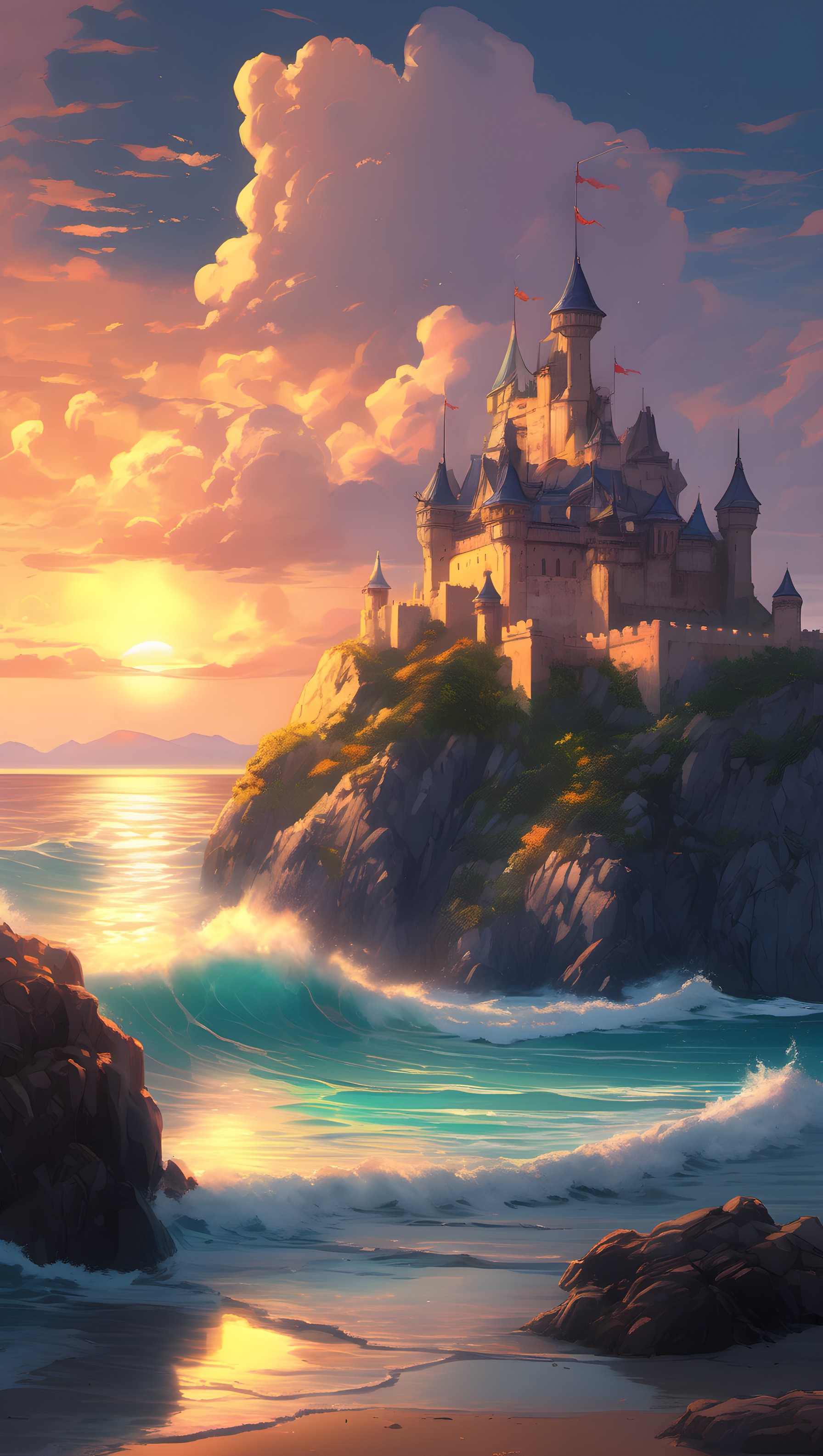 Majestic Fantasy Castle Golden Hour Ocean Waves, fantasy castle, sunset, ocean waves, golden hour, magical, majestic