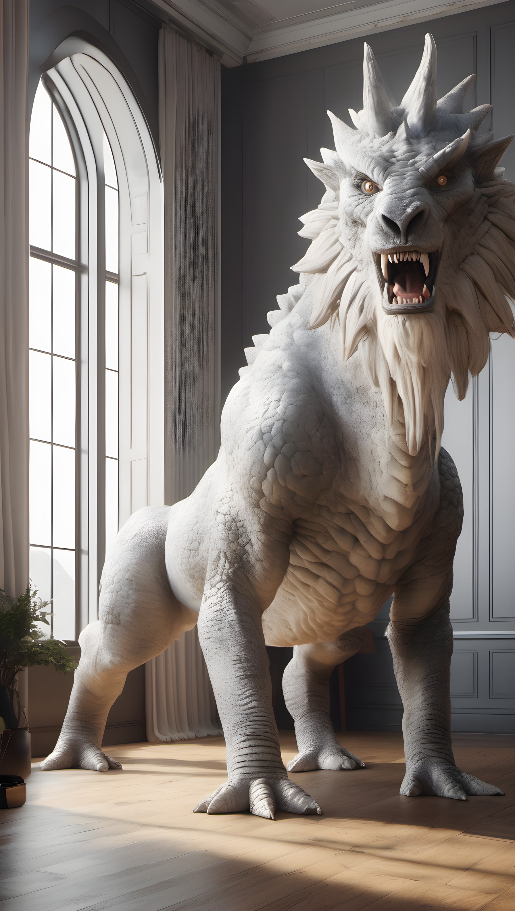 Majestic White Fantasy Creature in Grand Interior, fantasy, creature, dragon, mythical beast, white, grey