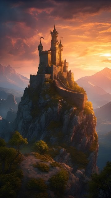Majestic Fantasy Castle on Cliff at Sunset