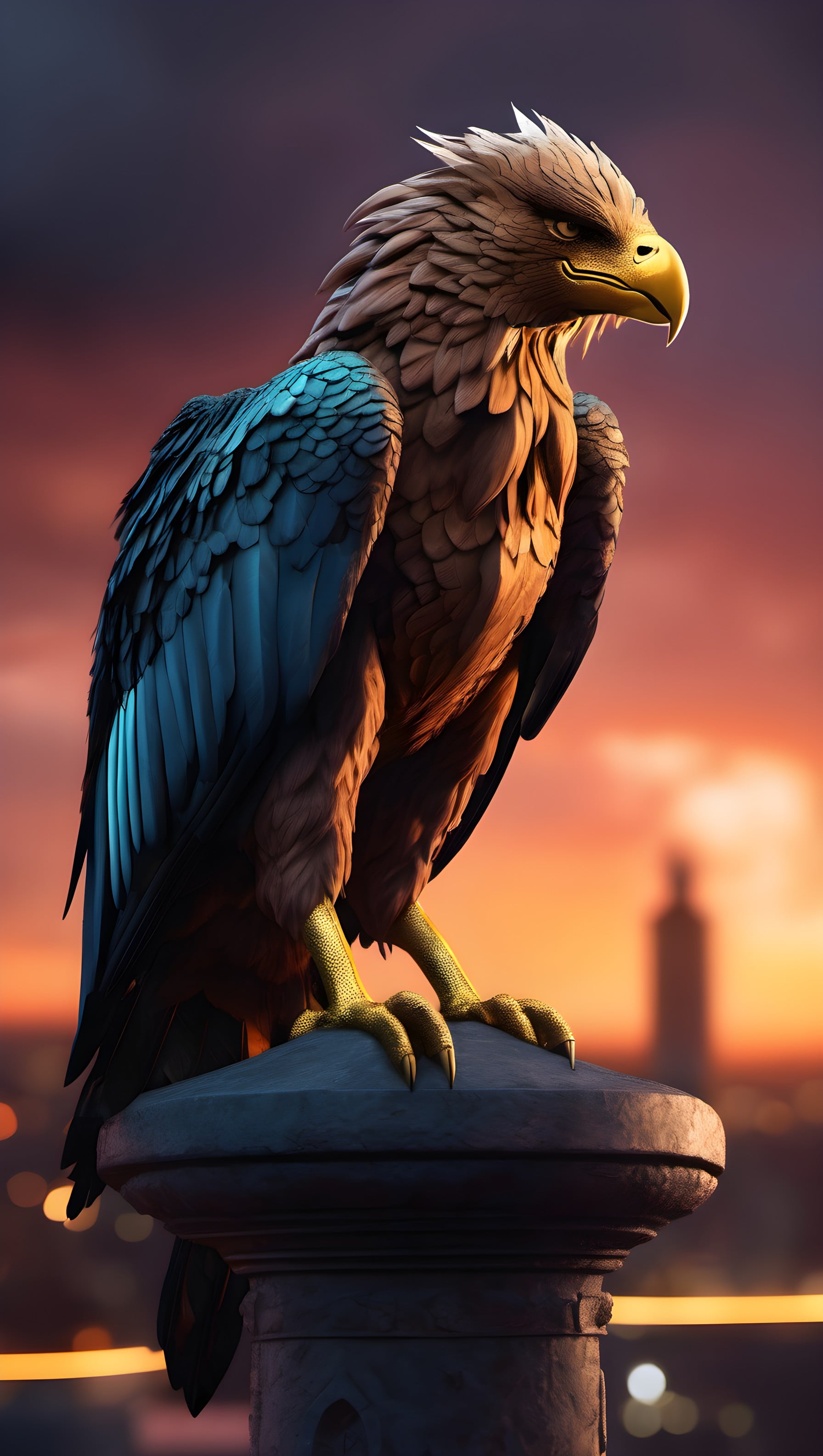 Majestic Eagle Over City Sunset Wallpaper, eagle, majestic, bird of prey, sunset city, digital art, golden hour
