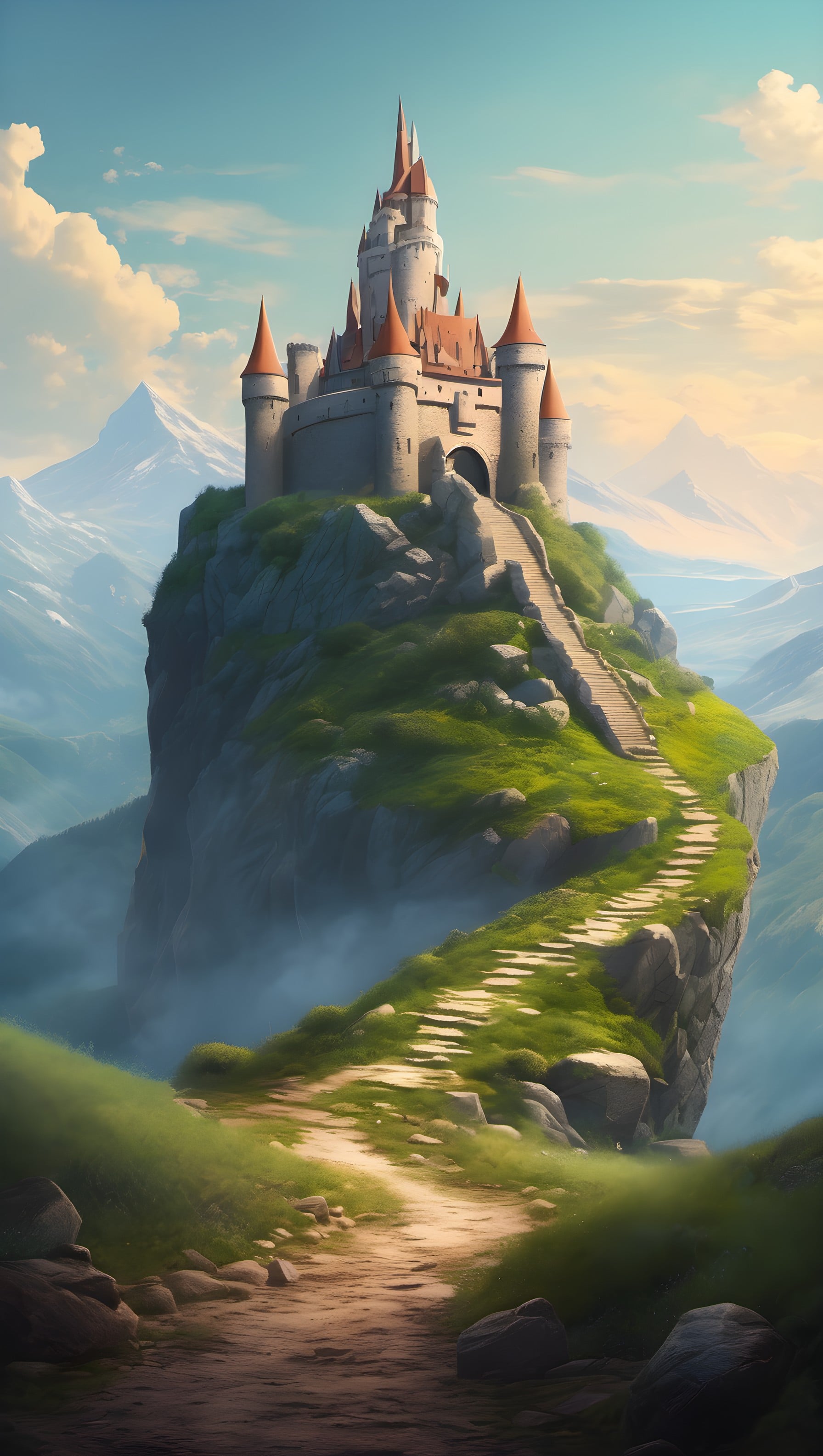 Enchanted Fantasy Castle on Cliffside Path, castle, fantasy, mountain, path, fairytale, digital art