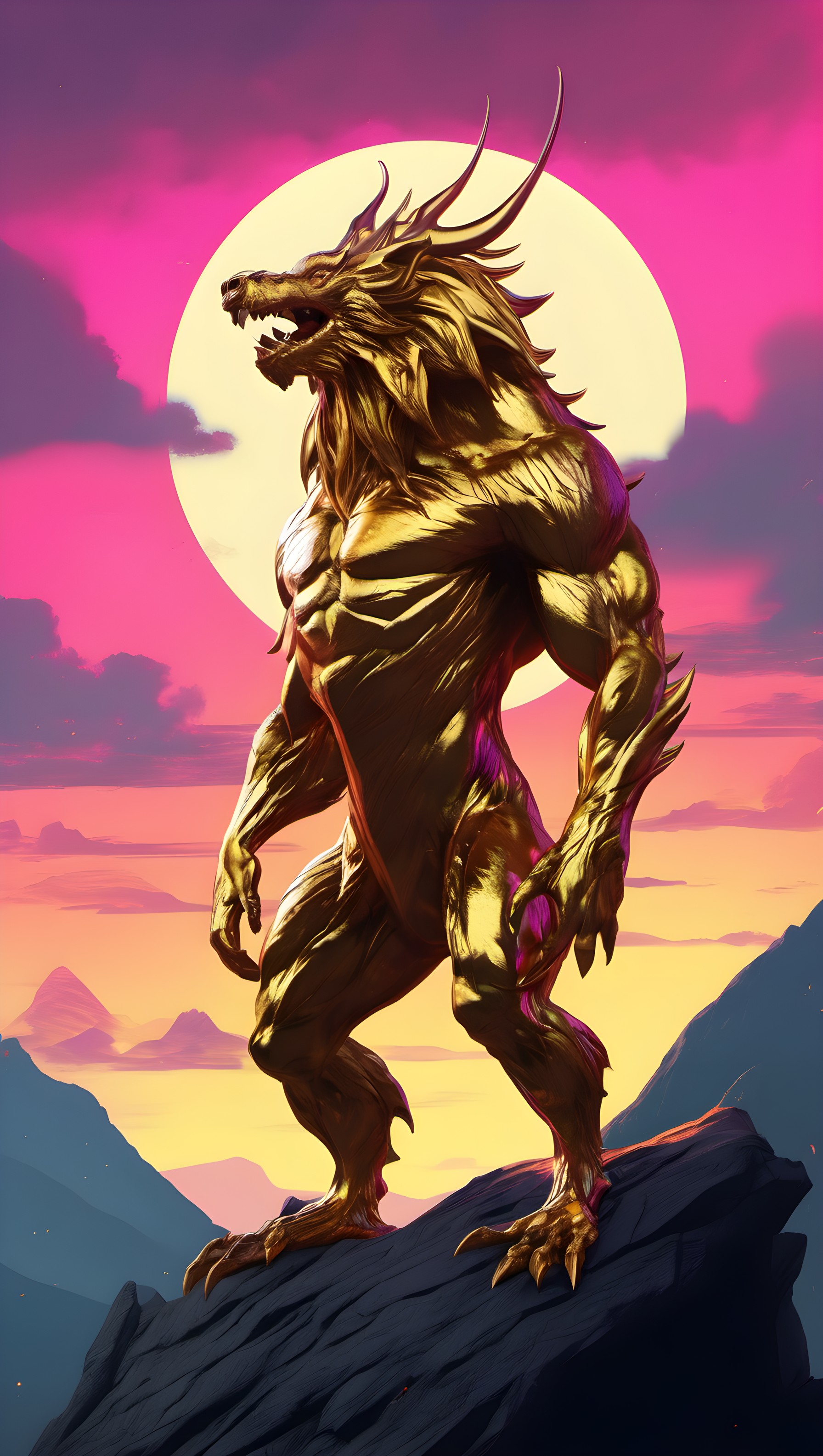 Golden Mythical Beast Against Vibrant Sunset Sky, golden beast, mythical creature, dragon art, werewolf fantasy, vibrant sunset, digital art