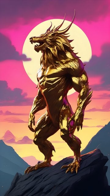 Golden Mythical Beast Against Vibrant Sunset Sky