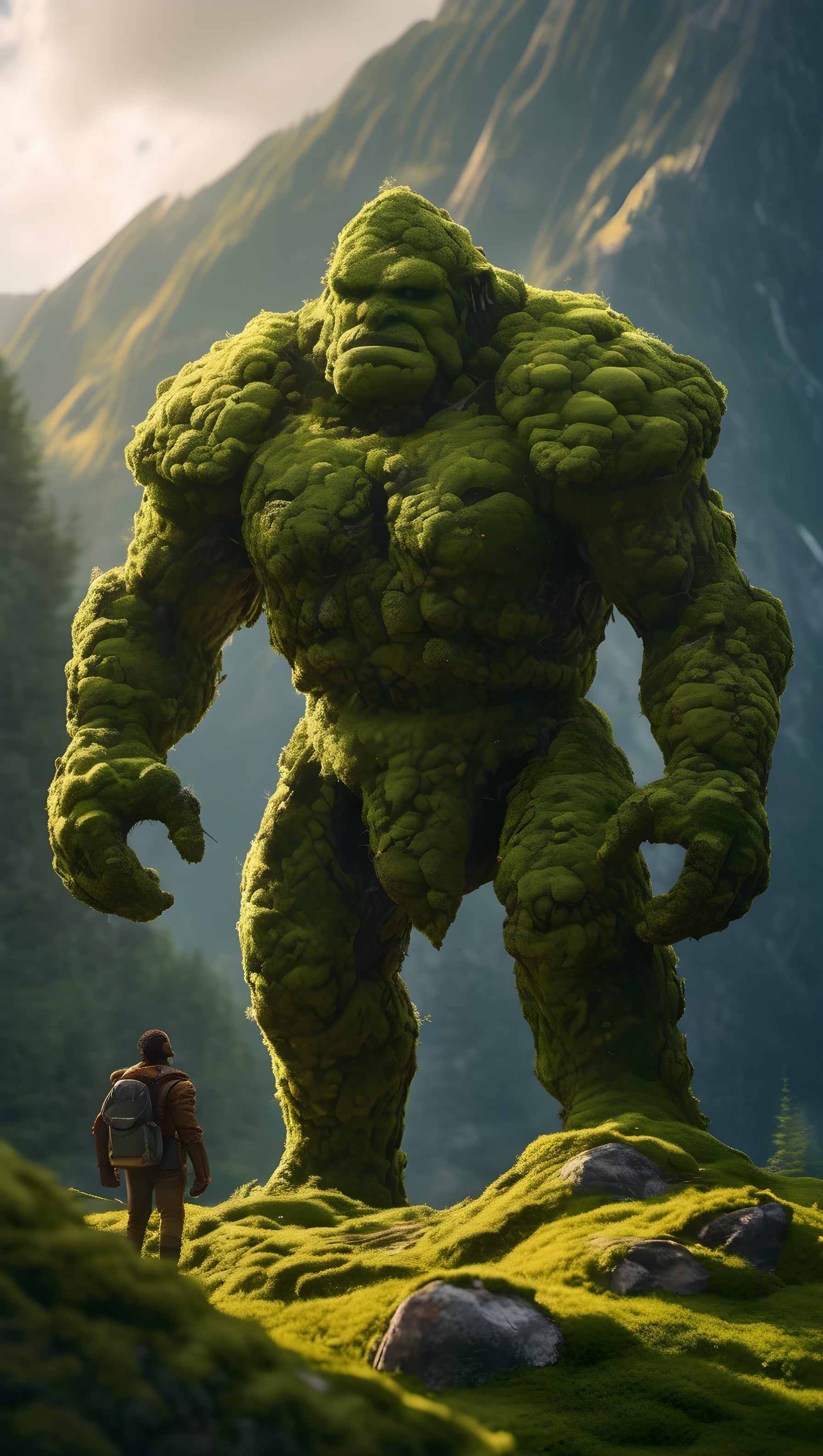 Giant Moss Golem in Majestic Mountain Valley, moss giant, golem, fantasy creature, mountain landscape, nature, epic