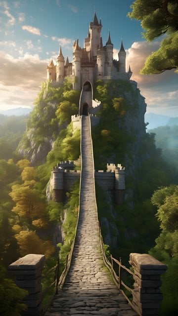 Majestic Fantasy Castle on Mountain with Bridge
