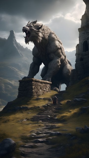Fantasy Stone Beast Guardian in Mountain Ruins