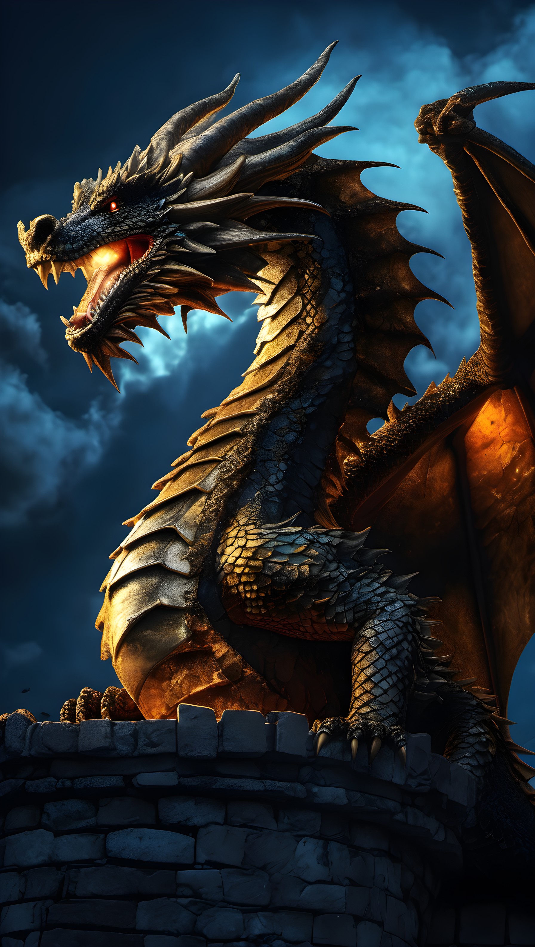 Fierce Golden Dragon on Turret - Dark Fantasy Art, dragon, fantasy, mythical creature, epic, golden dragon, dark fantasy